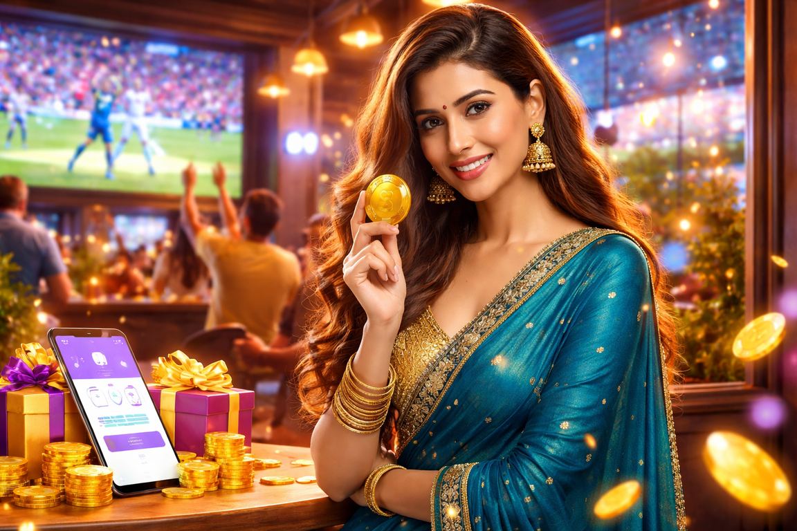 Indian woman in saree enjoying betting on cricket via mobile app
